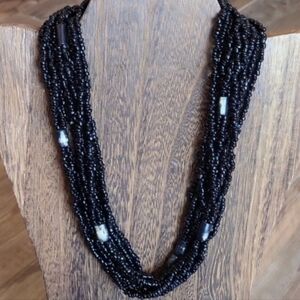 Vintage Four Strand Long Black Beaded Necklace